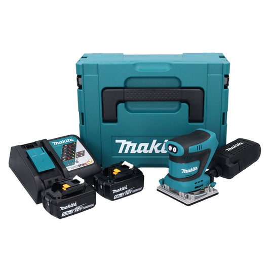 Makita DBO 482 RTJ Akku Schwingschleifer 18 V 112 x 102 mm + 2x Akku 5,0 Ah + Ladegerät + Makpac