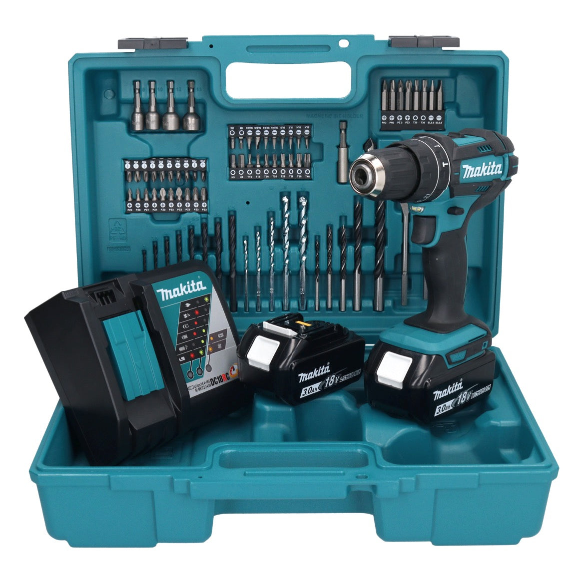 Makita DHP 482 RFX1 perceuse à percussion sans fil 18 V + 2 batteries 3,0 Ah + chargeur + jeu d'accessoires 74 pièces + mallette