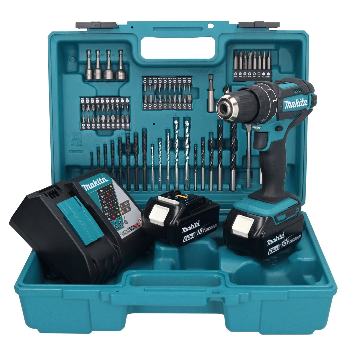 Makita DHP 482 RGX1 perceuse à percussion sans fil 18 V + 2 batteries 6,0 Ah + chargeur + jeu d'accessoires 74 pièces + mallette