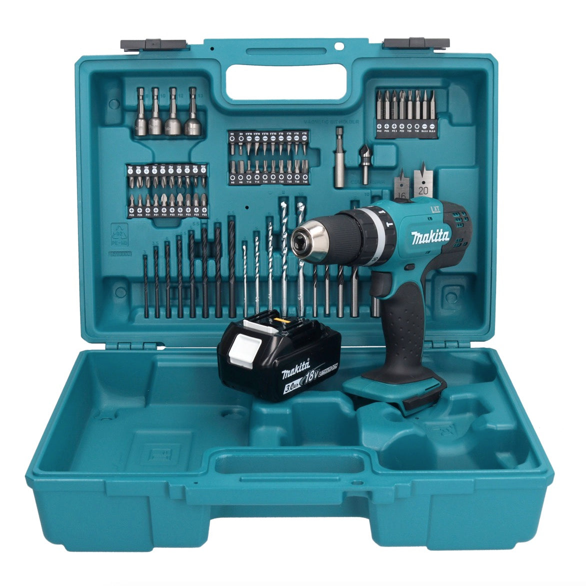 Makita DHP 453 F1X1 perceuse à percussion sans fil 18 V 42 Nm + 1x batterie 3,0 Ah + jeu d'accessoires 74 pièces + mallette - sans chargeur