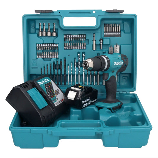 Makita DHP 453 RT1X1 perceuse à percussion sans fil 18 V 42 Nm + 1x batterie 5,0 Ah + chargeur + jeu d'accessoires 74 pièces + mallette