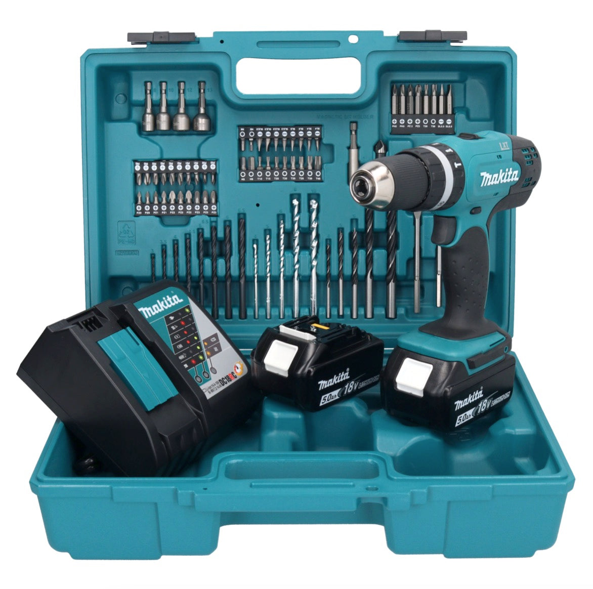 Makita DHP 453 RTX1 perceuse à percussion sans fil 18 V 42 Nm + 2x batteries 5,0 Ah + chargeur + jeu d'accessoires 74 pièces + mallette