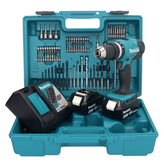 Makita DHP 453 RGX1 Akku Schlagbohrschrauber 18 V 42 Nm + 2x Akku 6,0 Ah + Ladegerät + 74 tlg. Zubehörset + Koffer