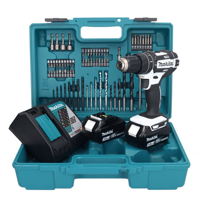 Makita DHP 482 RFX1W perceuse à percussion sans fil 18 V 62 Nm + 2 batteries 3,0 Ah + chargeur + jeu d'accessoires 74 pièces + mallette