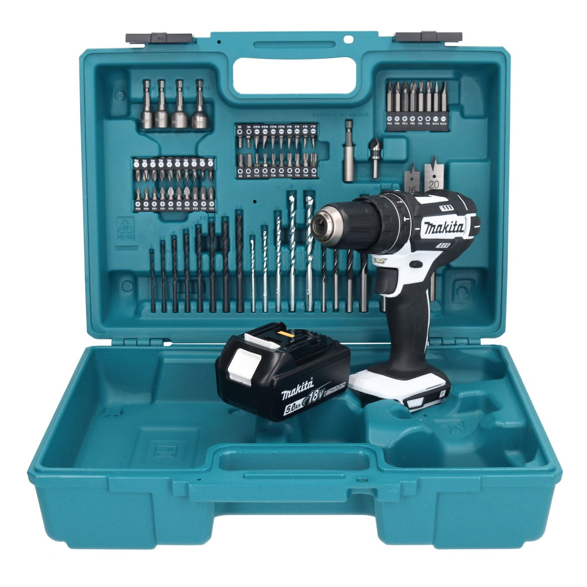 Makita DHP 482 T1X1W perceuse à percussion sans fil 18 V 62 Nm + 1x batterie 5,0 Ah + jeu d'accessoires 74 pièces + mallette - sans chargeur