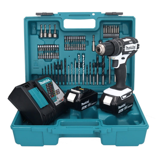 Makita DHP 482 RTX1W perceuse à percussion sans fil 18 V 62 Nm + 2 batteries 5,0 Ah + chargeur + jeu d'accessoires 74 pièces + mallette