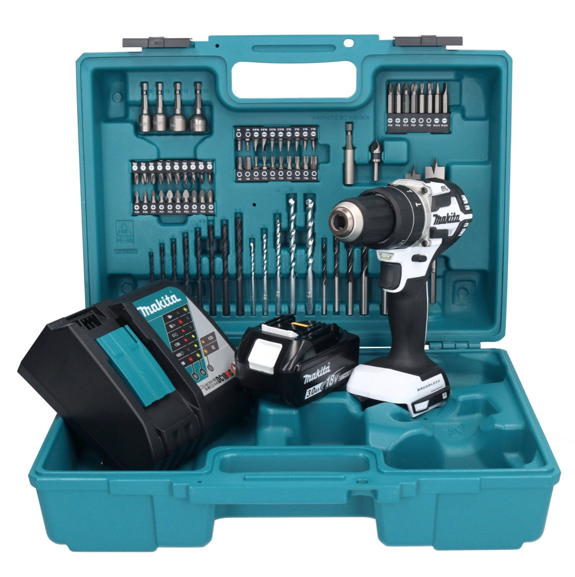 Makita DHP 484 RF1X1W perceuse à percussion sans fil 18 V 54 Nm sans balais blanc + 1 batterie 3,0 Ah + chargeur + jeu d'accessoires 74 pièces + mallette