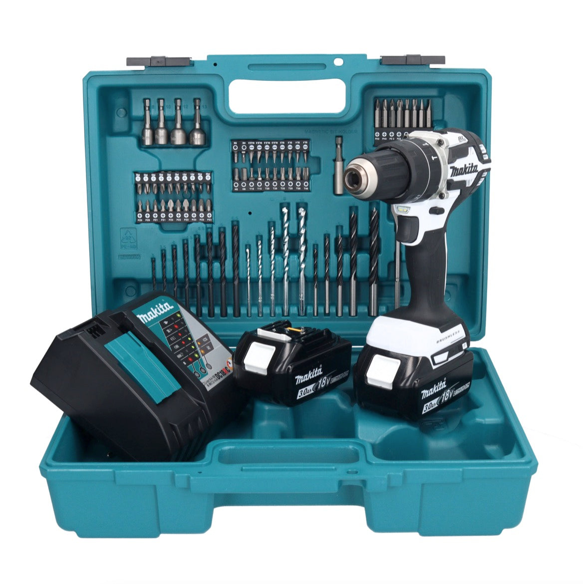 Makita DHP 484 RFX1W perceuse à percussion sans fil 18 V 54 Nm sans balais blanc + 2 batteries 3,0 Ah + chargeur + jeu d'accessoires 74 pièces + mallette