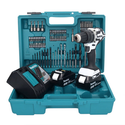 Makita DHP 484 RFX1W perceuse à percussion sans fil 18 V 54 Nm sans balais blanc + 2 batteries 3,0 Ah + chargeur + jeu d'accessoires 74 pièces + mallette