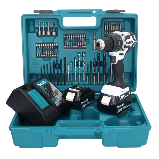 Makita DHP 484 RGX1W perceuse à percussion sans fil 18 V 54 Nm sans balais blanc + 2 batteries 6,0 Ah + chargeur + jeu d'accessoires 74 pièces + mallette