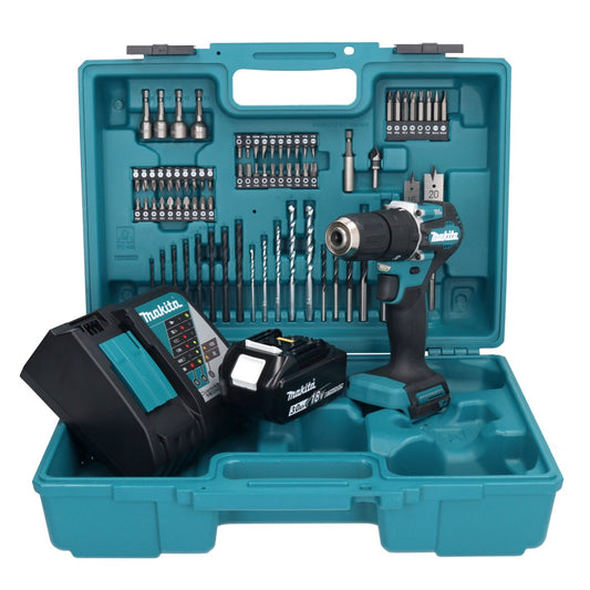 Makita DHP 487 RF1X1 Akku Schlagbohrschrauber 18 V 40 Nm Brushless + 1x Akku 3,0 Ah + Ladegerät + 74 tlg. Zubehörset + Koffer