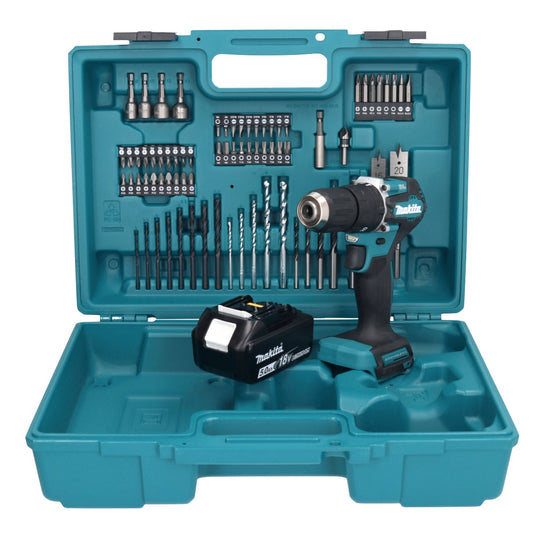 Makita DHP 487 T1X1 perceuse à percussion sans fil 18 V 40 Nm sans balais + 1x batterie 5,0 Ah + jeu d'accessoires 74 pièces + mallette - sans chargeur