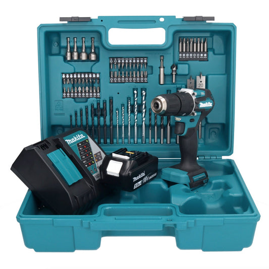 Makita DHP 487 RT1X1 Akku Schlagbohrschrauber 18 V 40 Nm Brushless + 1x Akku 5,0 Ah + Ladegerät + 74 tlg. Zubehörset + Koffer