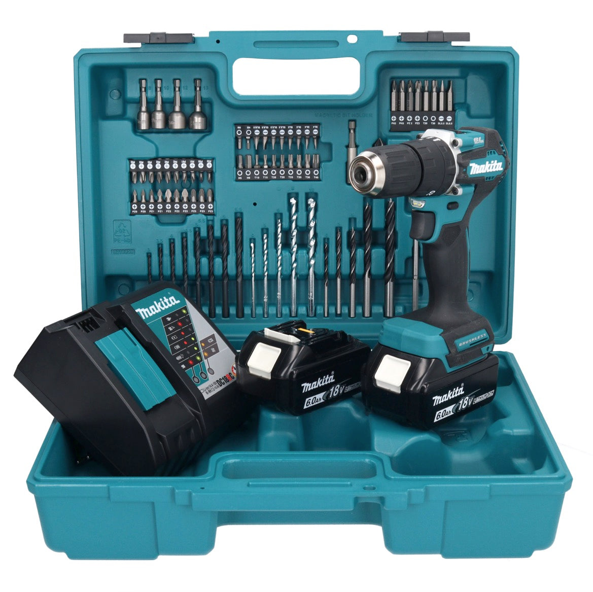 Makita DHP 487 RGX1 perceuse à percussion sans fil 18 V 40 Nm sans balais + 2 batteries 6,0 Ah + chargeur + jeu d'accessoires 74 pièces + mallette