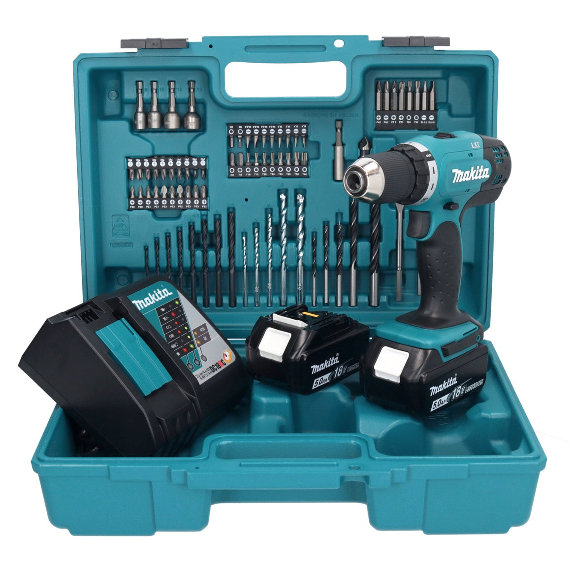 Makita DDF 453 RTX1 perceuse-visseuse sans fil 18 V 42 Nm + 2x batteries 5,0 Ah + chargeur + jeu d'accessoires 74 pièces + mallette