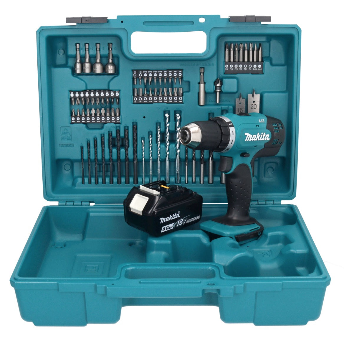 Makita DDF 453 G1X1 perceuse-visseuse sans fil 18 V 42 Nm + 1x batterie 6,0 Ah + jeu d'accessoires 74 pièces + mallette - sans chargeur