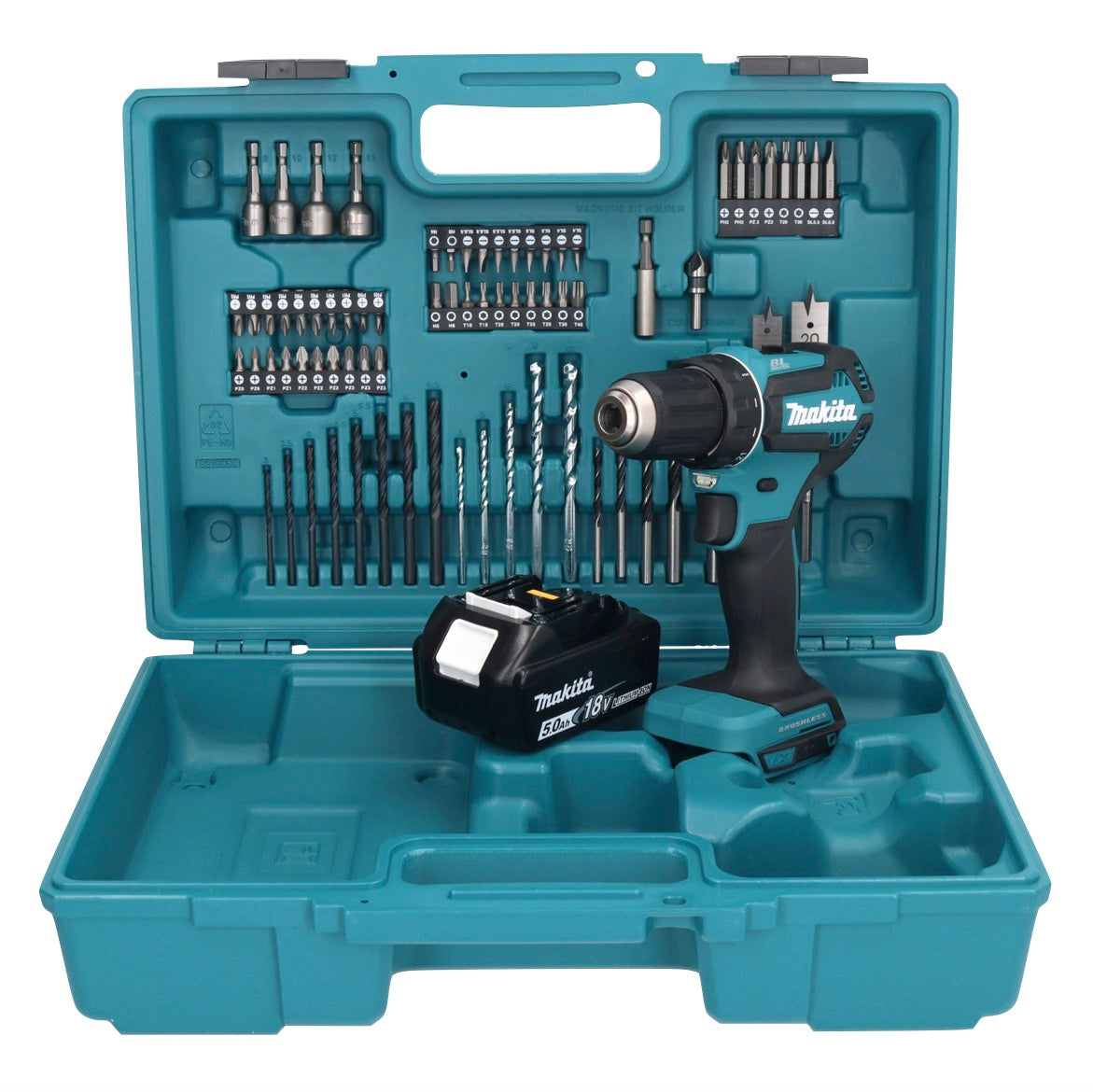 Makita DDF 485 T1X1 perceuse-visseuse sans fil 18 V 50 Nm sans balais + 1x batterie 5,0 Ah + jeu d'accessoires 74 pièces + coffret - sans chargeur