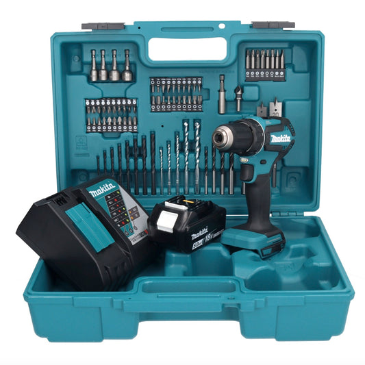 Makita DDF 485 RT1X1 perceuse-visseuse sans fil 18 V 50 Nm sans balais + 1 batterie 5,0 Ah + chargeur + jeu d'accessoires 74 pièces + mallette