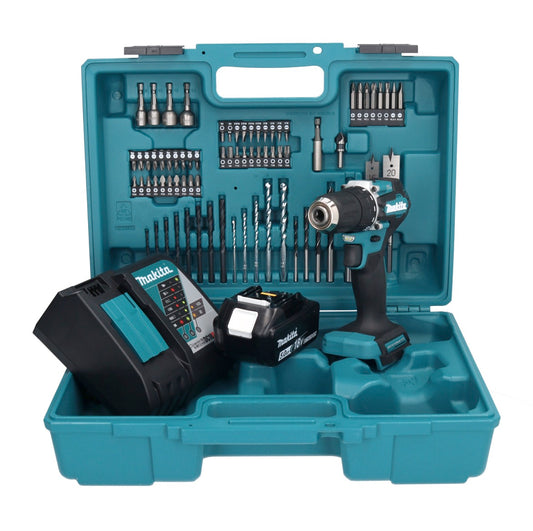 Makita DDF 487 RT1X1 Akku Bohrschrauber 18 V 40 Nm Brushless + 1x Akku 5,0 Ah + Ladegerät + 74 tlg. Zubehörset + Koffer