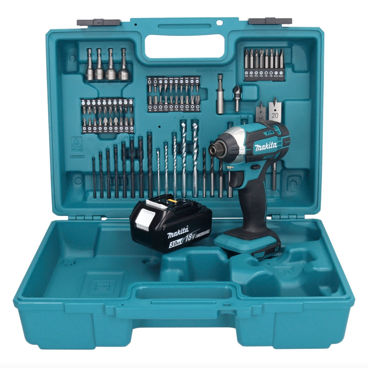 Makita DTD 152 F1X1 clé à chocs sans fil 18 V 165 Nm 1/4" + 1x batterie 3,0 Ah + jeu d'accessoires 74 pièces + mallette - sans chargeur