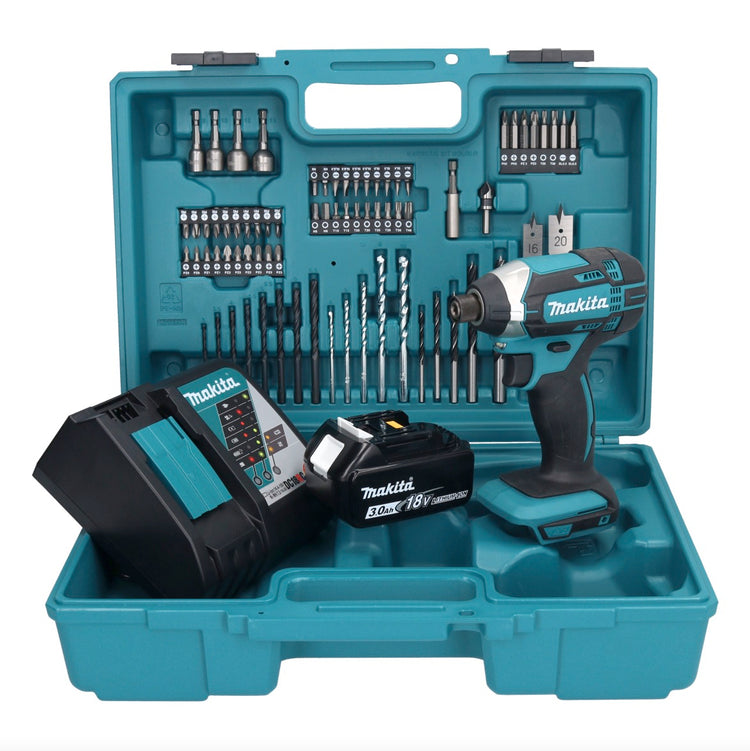 Makita DTD 152 RF1X1 clé à chocs sans fil 18 V 165 Nm 1/4" + 1x batterie 3,0 Ah + chargeur + jeu d'accessoires 74 pièces + mallette