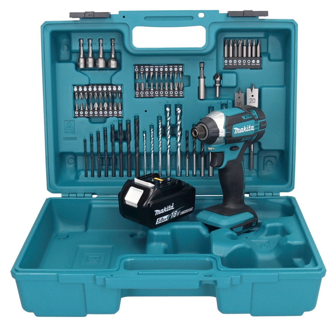 Makita DTD 152 T1X1 clé à chocs sans fil 18 V 165 Nm 1/4" + 1x batterie 5,0 Ah + jeu d'accessoires 74 pièces + mallette - sans chargeur