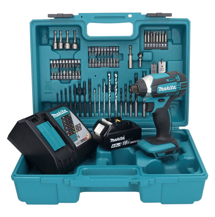 Makita DTD 152 RG1X1 clé à chocs sans fil 18 V 165 Nm 1/4" + 1x batterie 6,0 Ah + chargeur + jeu d'accessoires 74 pièces + mallette