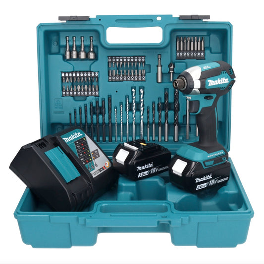 Makita DTD 153 RFX1 clé à chocs sans fil 18 V 170 Nm 1/4" sans balais + 2 batteries 3,0 Ah + chargeur + jeu d'accessoires 74 pièces + mallette