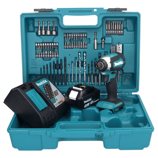 Makita DTD 153 RT1X1 clé à chocs sans fil 18 V 170 Nm 1/4" sans balais + 1 batterie 5,0 Ah + chargeur + jeu d'accessoires 74 pièces + mallette