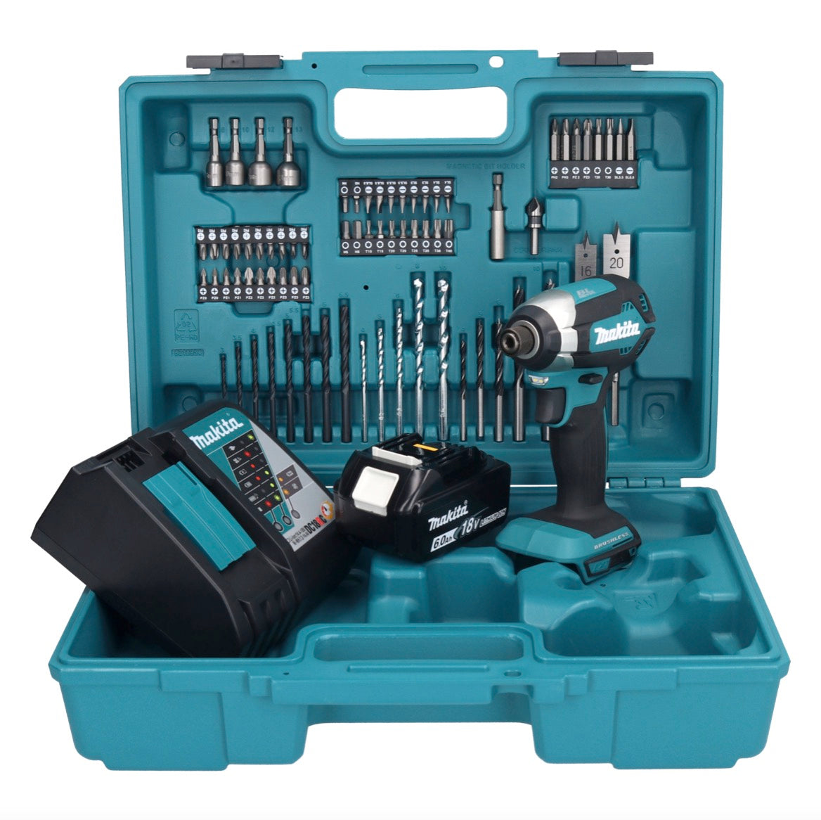 Makita DTD 153 RG1X1 clé à chocs sans fil 18 V 170 Nm 1/4" sans balais + 1x batterie 6,0 Ah + chargeur + jeu d'accessoires 74 pièces + mallette