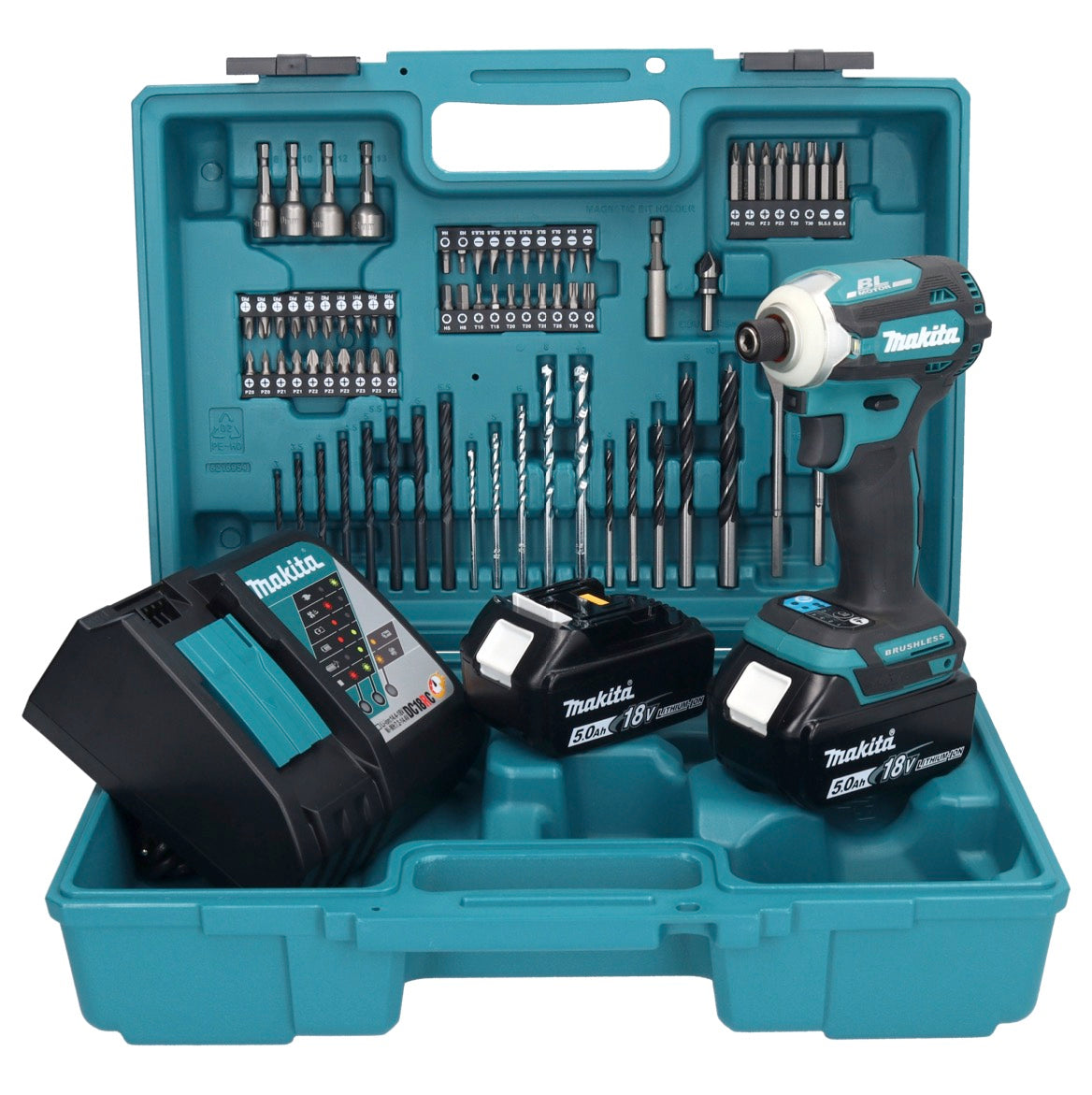 Makita DTD 171 RTX1 clé à chocs sans fil 18 V 180 Nm 1/4" sans balais + 2 batteries 5,0 Ah + chargeur + jeu d'accessoires 74 pièces + mallette