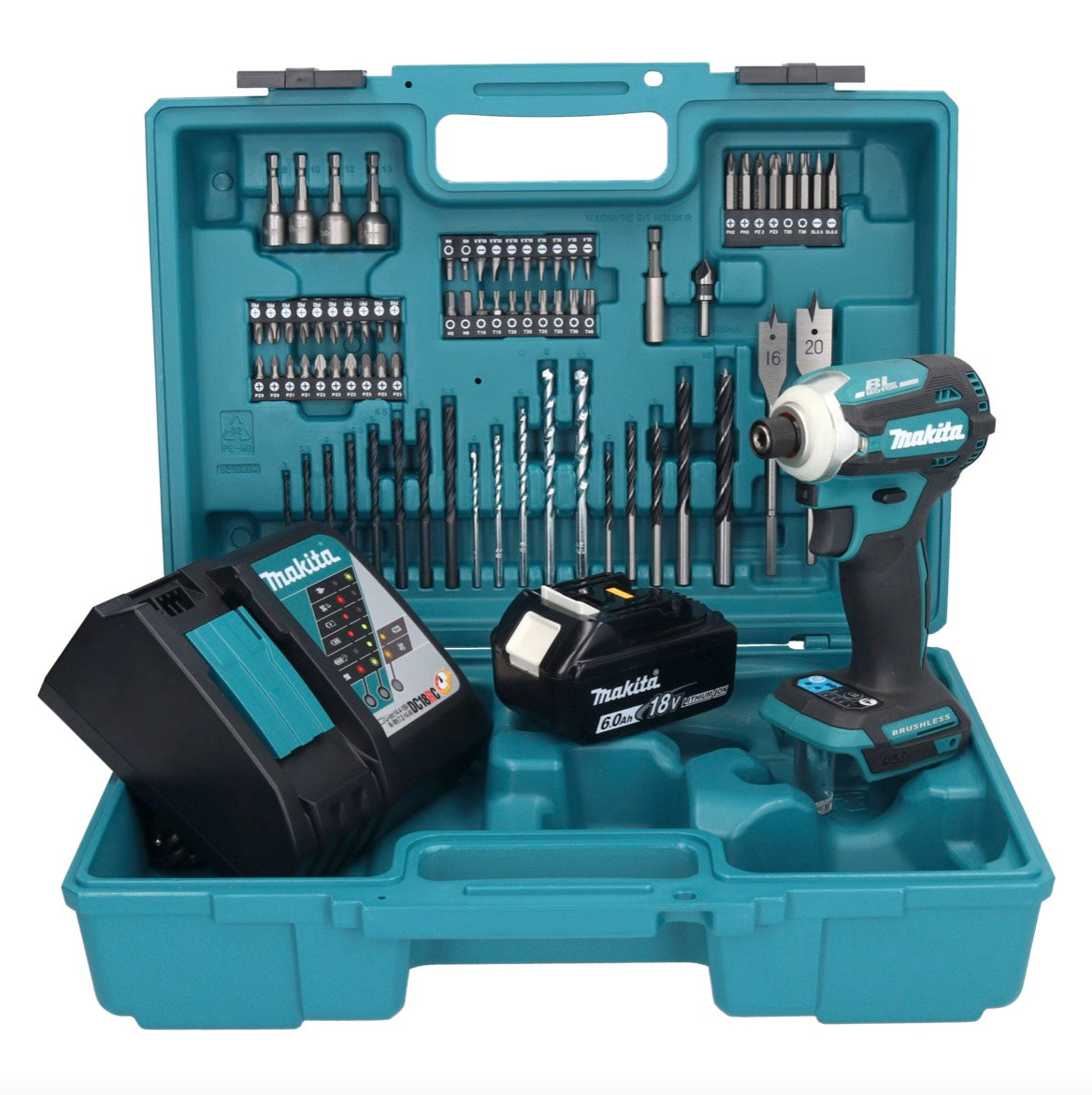 Makita DTD 171 RG1X1 clé à chocs sans fil 18 V 180 Nm 1/4" sans balais + 1 batterie 6,0 Ah + chargeur + jeu d'accessoires 74 pièces + mallette