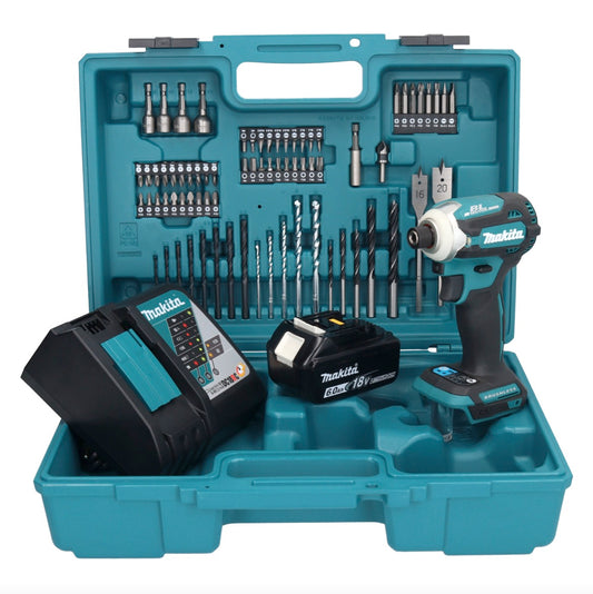 Makita DTD 171 RG1X1 clé à chocs sans fil 18 V 180 Nm 1/4" sans balais + 1 batterie 6,0 Ah + chargeur + jeu d'accessoires 74 pièces + mallette