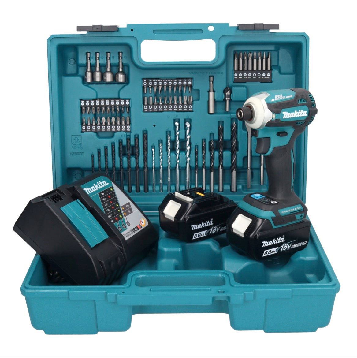 Makita DTD 171 RGX1 clé à chocs sans fil 18 V 180 Nm 1/4" sans balais + 2 batteries 6,0 Ah + chargeur + jeu d'accessoires 74 pièces + mallette