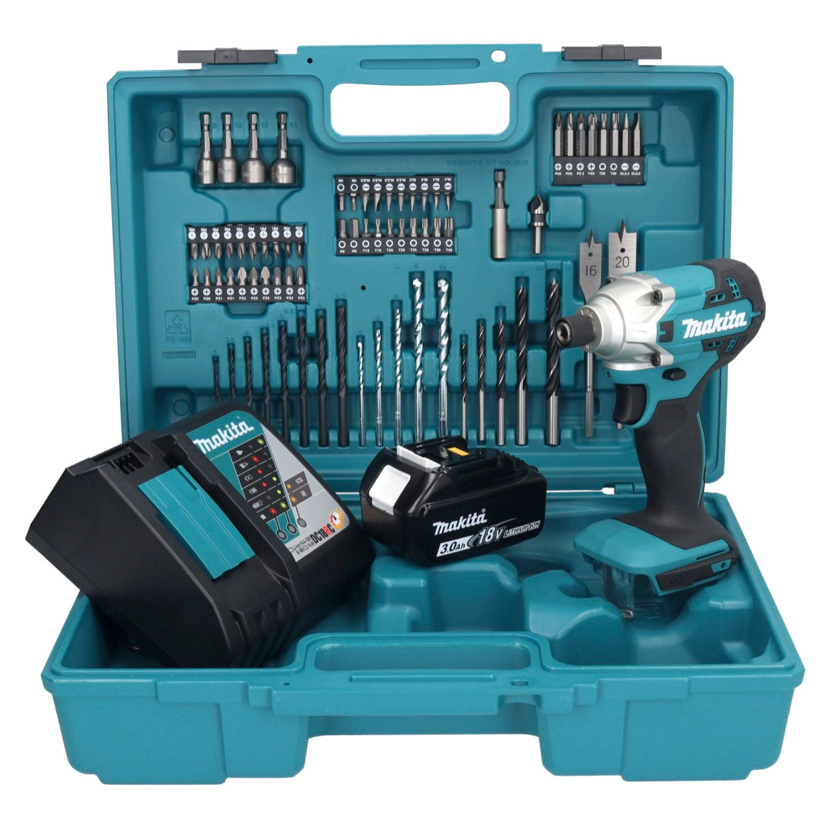 Makita DTD 156 RF1X1 clé à chocs sans fil 18 V 155 Nm 1/4" + 1x batterie 3,0 Ah + chargeur + jeu d'accessoires 74 pièces + mallette