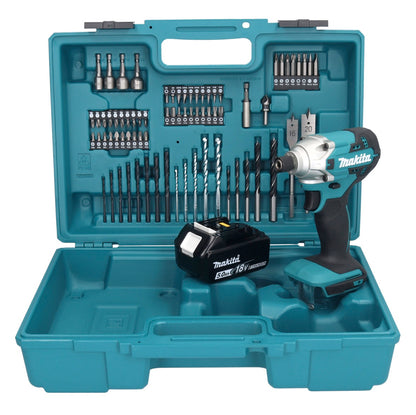 Makita DTD 156 T1X1 clé à chocs sans fil 18 V 155 Nm 1/4" + 1x batterie 5,0 Ah + jeu d'accessoires 74 pièces + mallette - sans chargeur