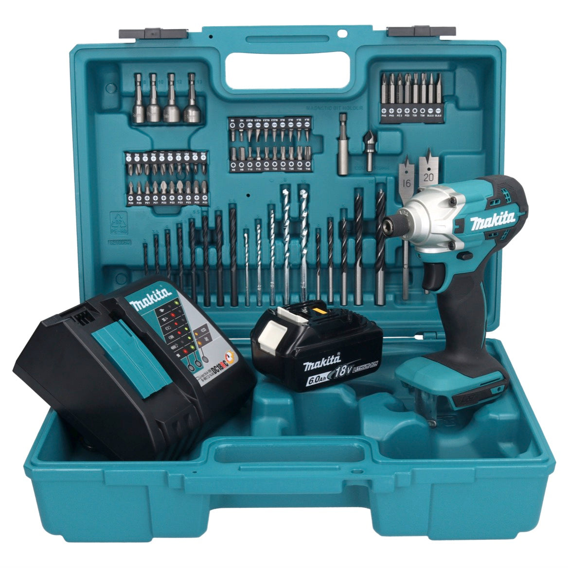 Makita DTD 156 RG1X1 clé à chocs sans fil 18 V 155 Nm 1/4" + 1x batterie 6,0 Ah + chargeur + jeu d'accessoires 74 pièces + mallette