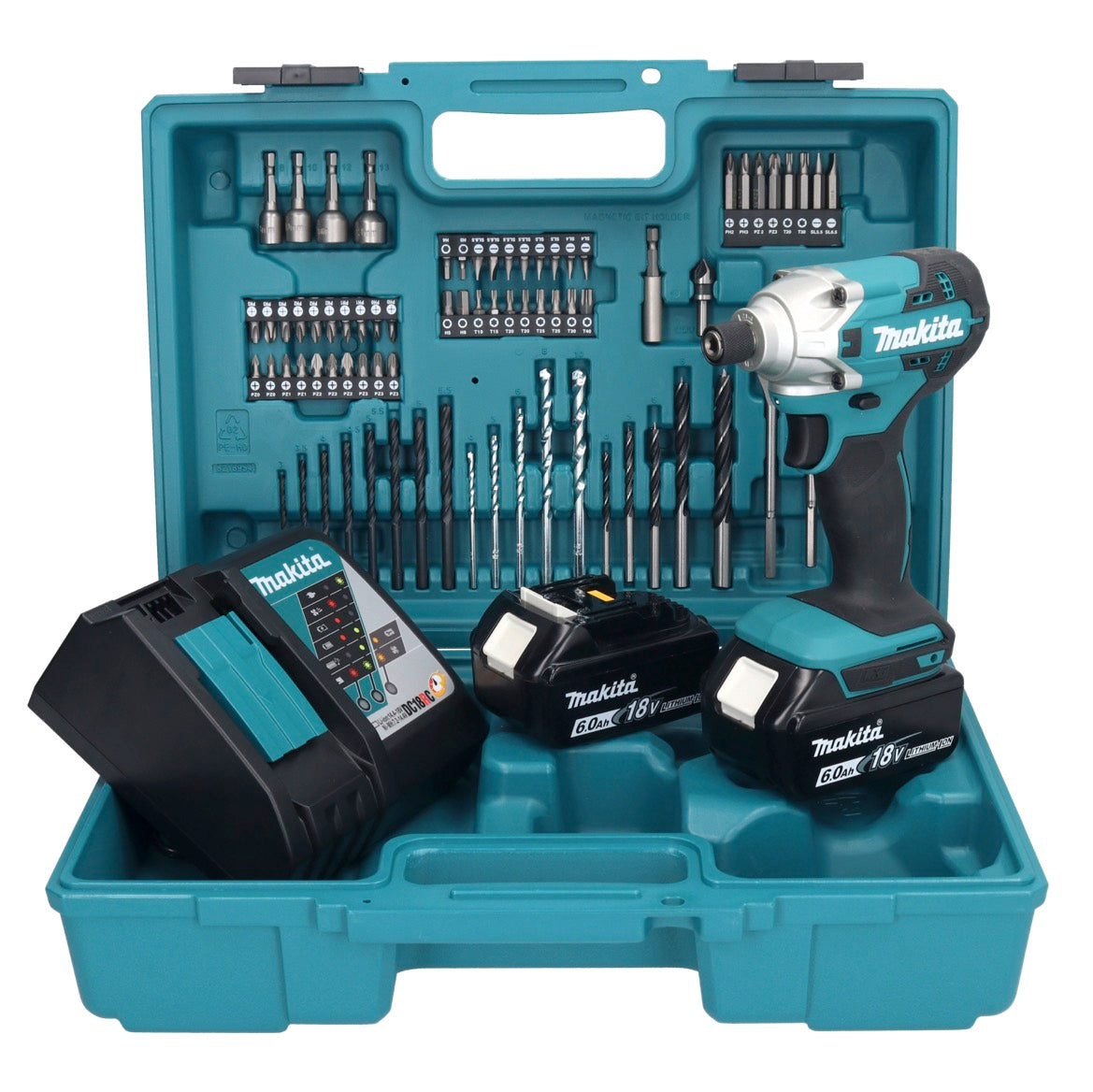 Makita DTD 156 RGX1 clé à chocs sans fil 18 V 155 Nm 1/4" + 2x batteries 6,0 Ah + chargeur + jeu d'accessoires 74 pièces + mallette