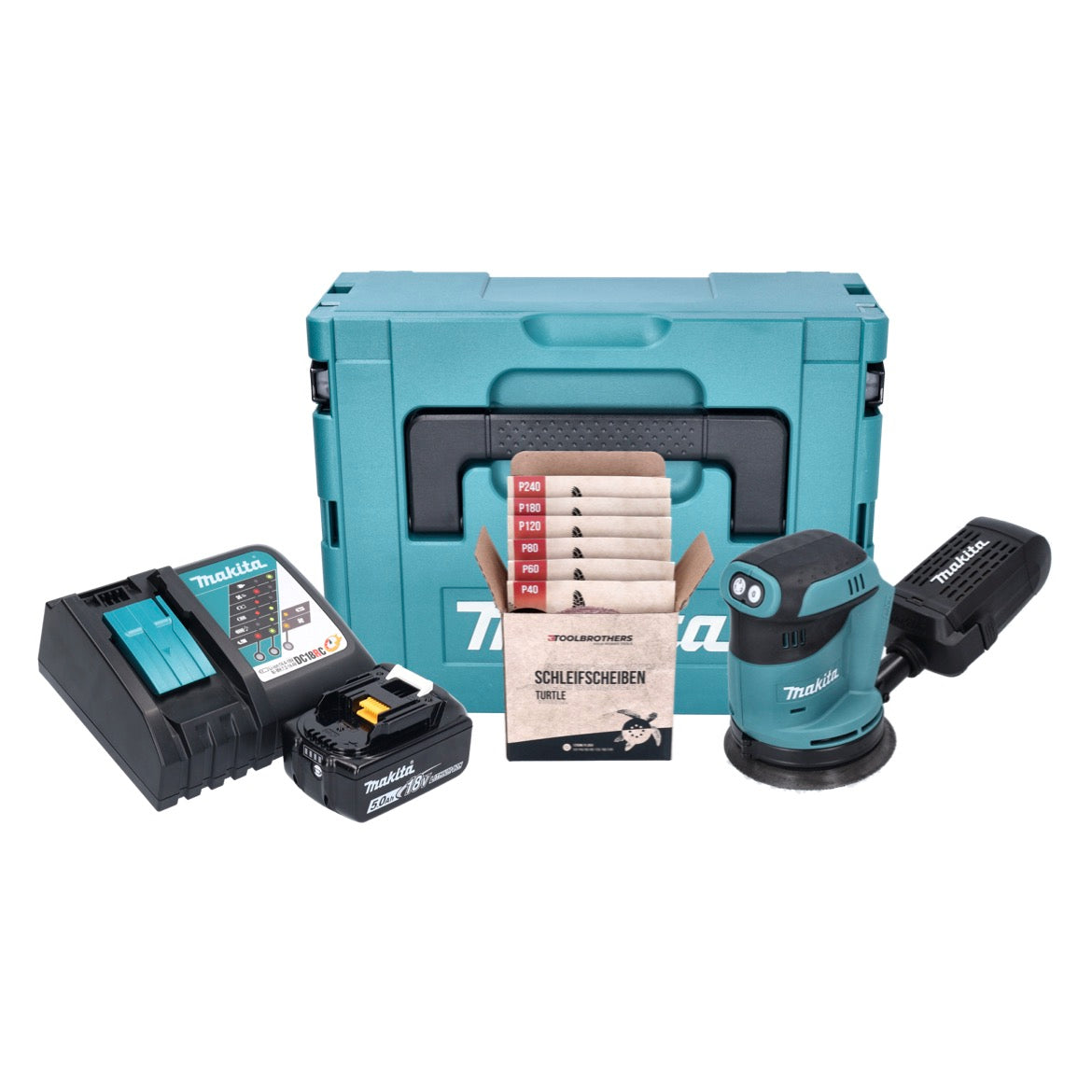 Makita DBO 180 RT1J Akku Exzenterschleifer 18 V 125 mm + 1x Akku 5,0 Ah + Ladegerät + Toolbrothers TURTLE Schleifset + Makpac - Toolbrothers