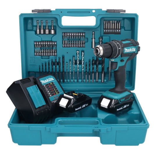 Makita DHP 482 SYX1 perceuse à percussion sans fil 18 V 62 Nm + 2 batteries 1,5 Ah + chargeur + jeu d'accessoires 74 pièces + mallette