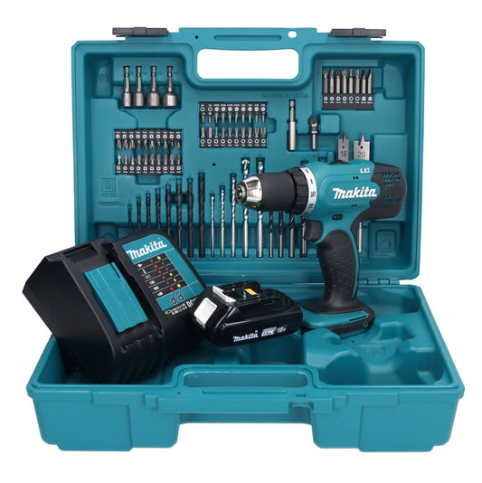 Makita DDF 453 SY1X1 perceuse-visseuse sans fil 18 V 42 Nm + 1x batterie 1,5 Ah + chargeur + jeu d'accessoires 74 pièces + mallette