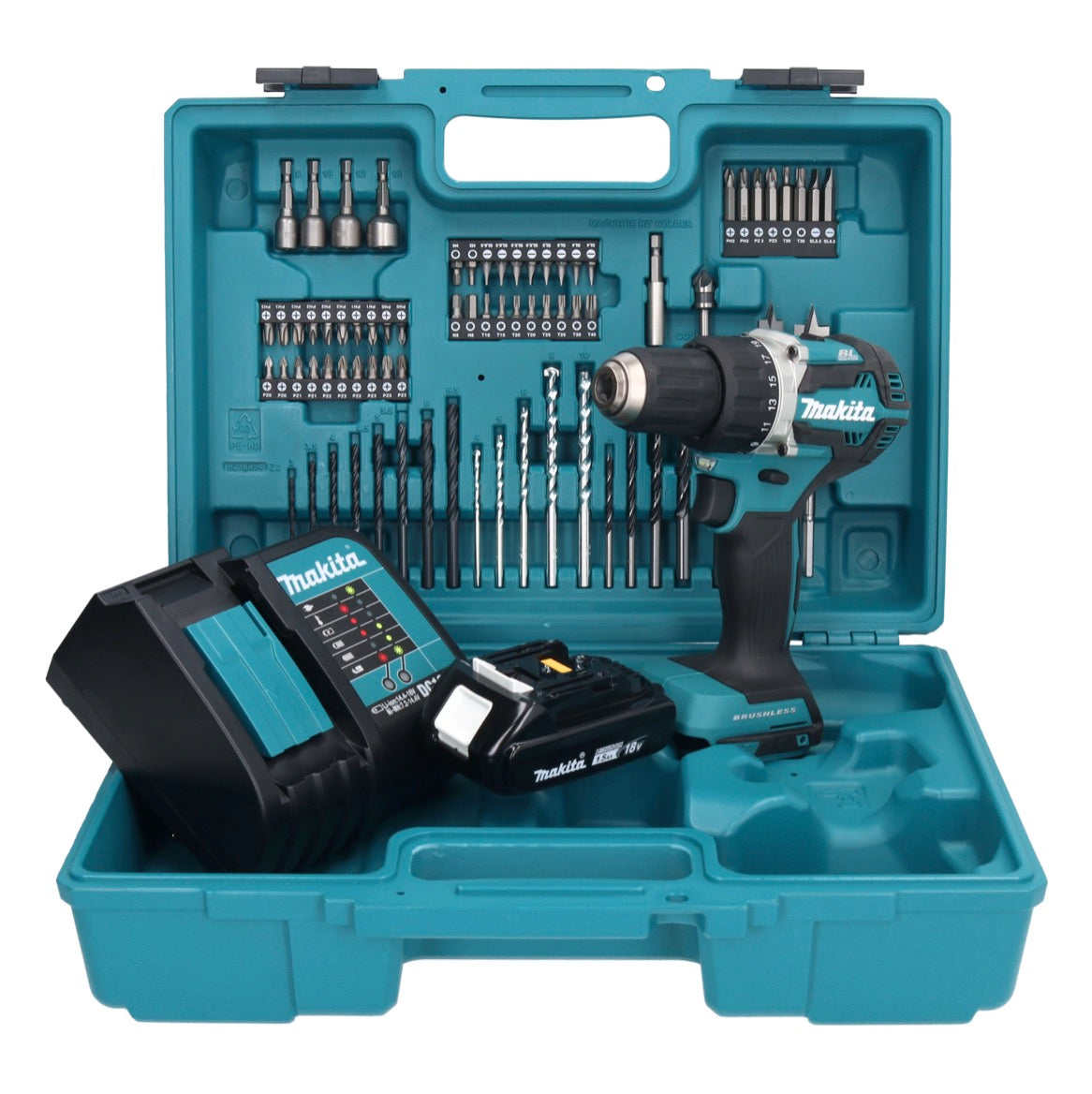 Makita DDF 484 SY1X1 perceuse-visseuse sans fil 18 V 54 Nm + 1x batterie 1,5 Ah + chargeur + jeu d'accessoires 74 pièces + mallette