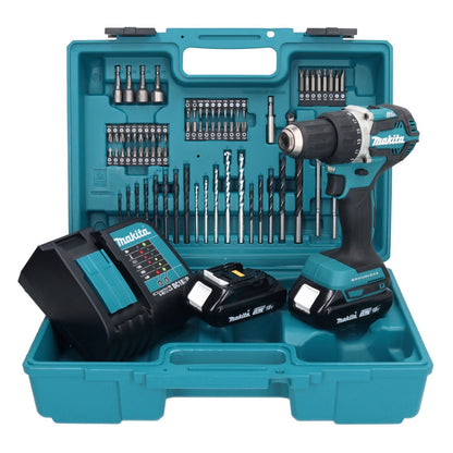 Makita DDF 484 SYX1 Akku Bohrschrauber 18 V 54 Nm + 2x Akku 1,5 Ah + Ladegerät + 74 tlg. Zubehörset + Koffer