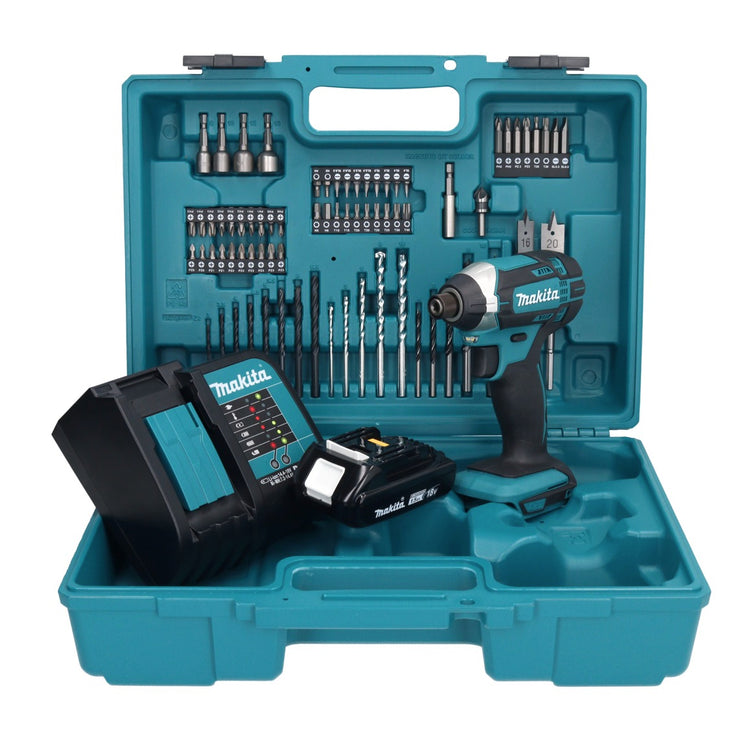 Makita DTD 152 SY1X1 clé à chocs sans fil 18 V 165 Nm 1/4" + 1x batterie 1,5 Ah + chargeur + jeu d'accessoires 74 pièces + mallette