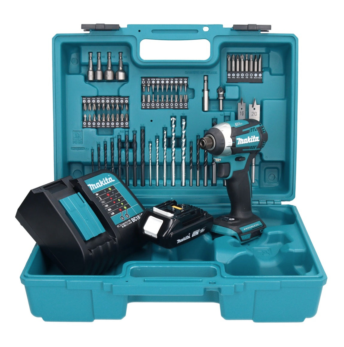 Makita DTD 154 SY1X1 Akku Schlagschrauber 18 V 175 Nm 1/4" Brushless + 1x Akku 1,5 Ah + Ladegerät + 74 tlg. Zubehörset + Koffer