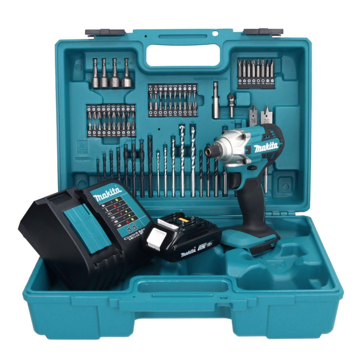 Makita DTD 156 SY1X1 clé à chocs sans fil 18 V 155 Nm 1/4" + 1x batterie 1,5 Ah + chargeur + jeu d'accessoires 74 pièces + mallette