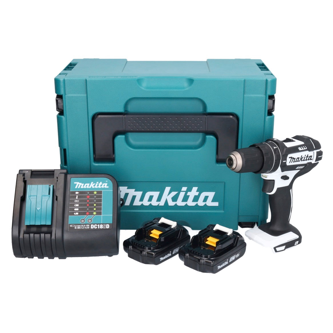 Makita DHP 482 SYJW Akku Schlagbohrschrauber 18 V 62 Nm Weiß + 2x Akku 1,5 Ah + Ladegerät + Makpac - Toolbrothers