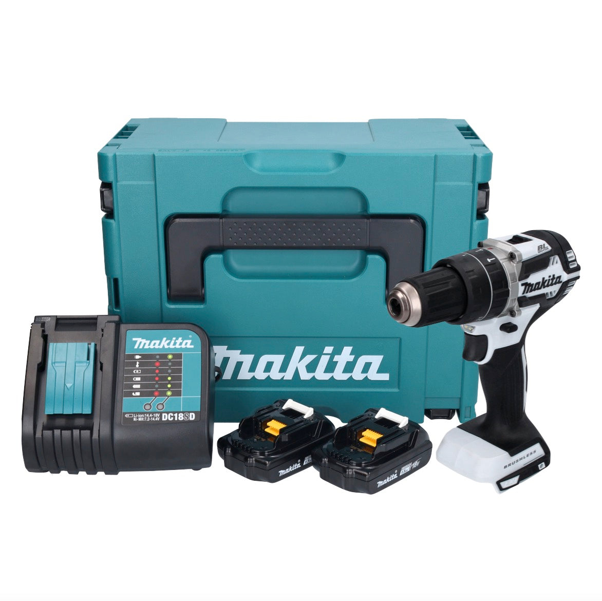 Makita DHP 484 SYJ W perceuse à percussion sans fil 18 V 54 Nm sans balais blanc + 2x batteries 1,5 Ah + chargeur + Makpac