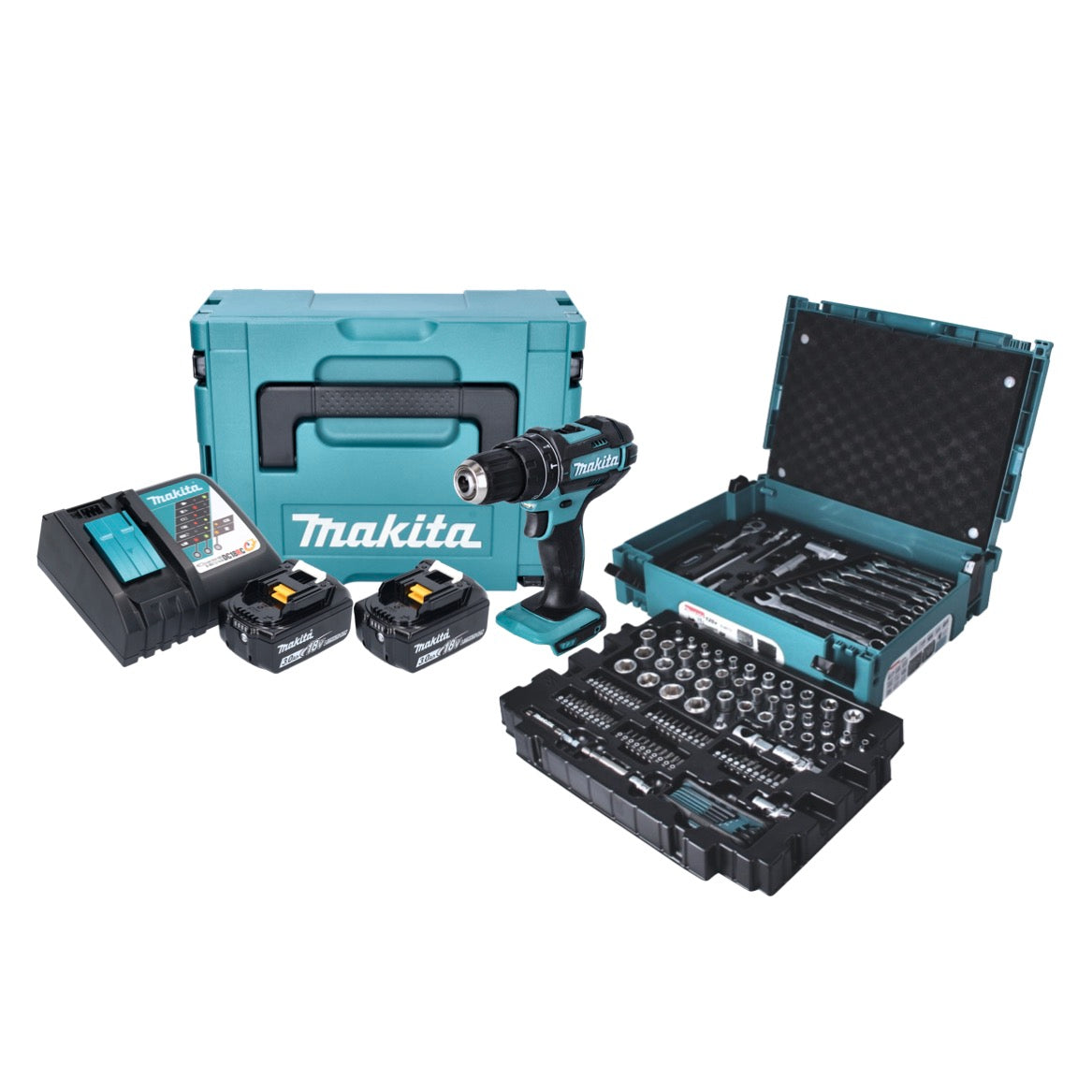 Makita DHP 482 JX13 Akku Schlagbohrschrauber 18 V 62 Nm + 2x Akku 3,0 Ah + Ladegerät + 120 tlg. Werkzeug Set + Makpac - Toolbrothers