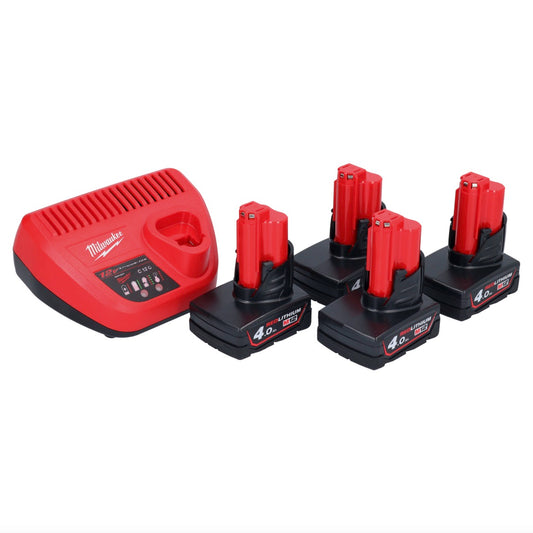 Milwaukee M12 NRG-404 Akku Starter Set 4x 12 V 4,0 Ah / 4000 mAh Li-Ion Akku + C12 C Ladegerät - Toolbrothers